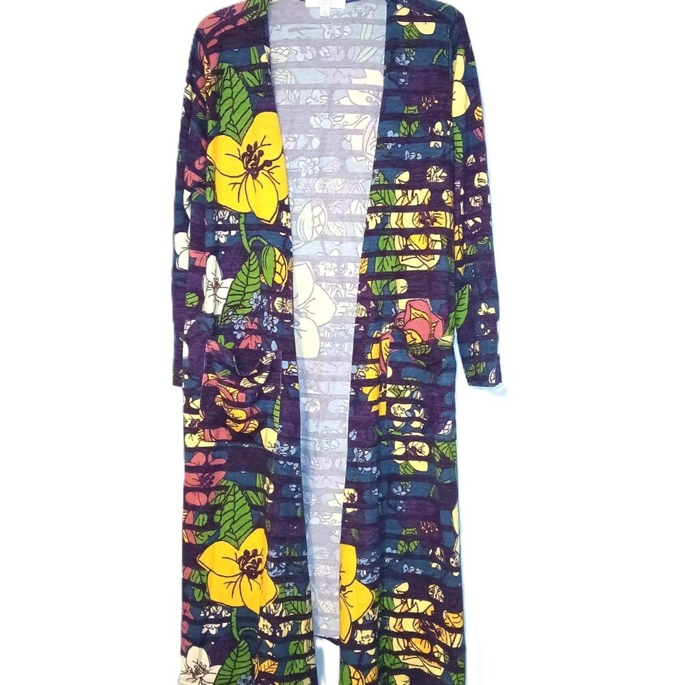 LuLaRoe Sarah Large Stripe Floral Long Sleeve Cardigan Pockets Boho Tropical